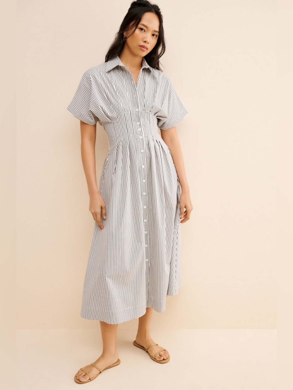 Anthropologie Tobie Striped Brown and White Button-Front Midi Dress size medium - Picture 2 of 14